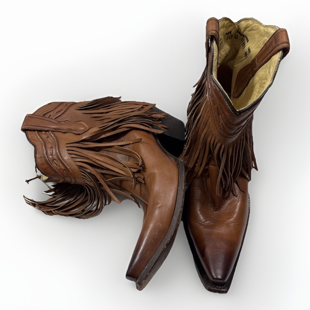 Corral G1206 Tan Brown Leather Fringe Whip Stitch Short Cowgirl Boot Women Sz 10